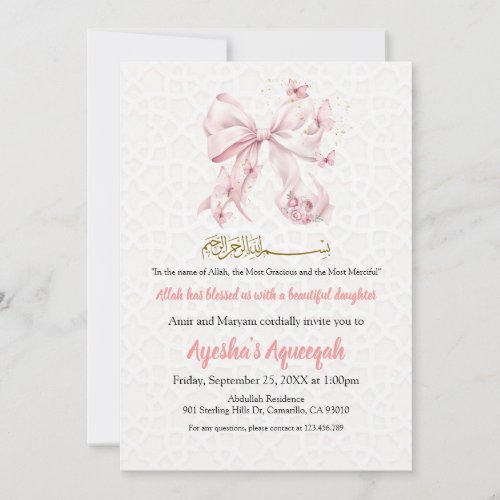 Aqiqah Pink Bow Girl Invitation