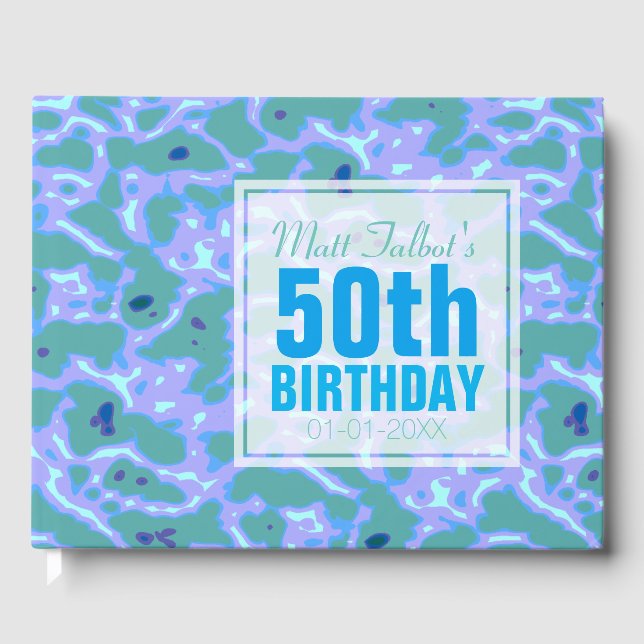 Aqua Abstract 50th Birthday Guest Book (Front)