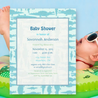 Aqua Alligator Pattern Baby Boy Shower Invitations