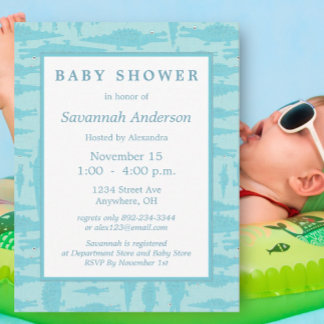 Aqua Alligator Pattern Baby Boy Shower Invitations