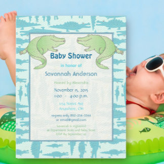 Aqua Alligator Pattern Baby Boy Shower Invitations