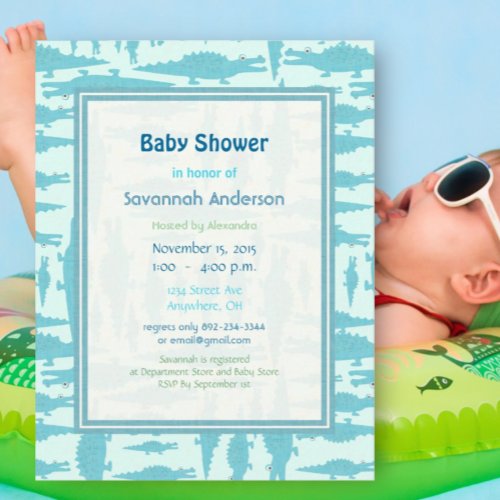 Aqua Alligator Pattern Baby Boy Shower Invitations