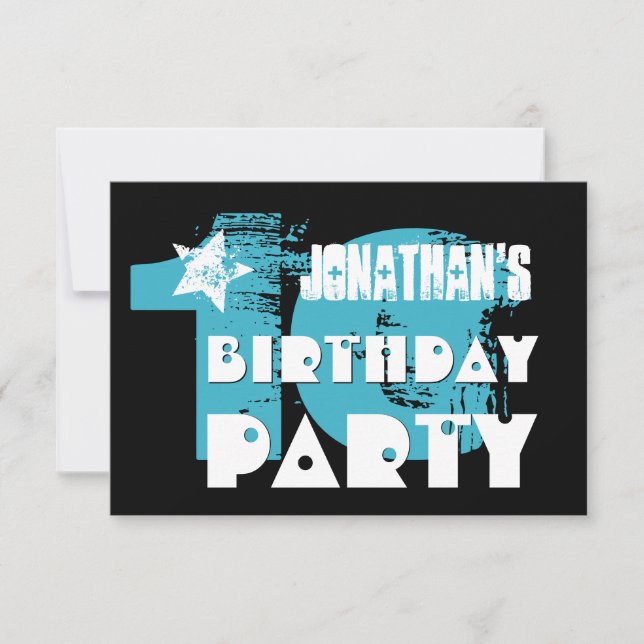 AQUA and BLACK 10th Birthday Grunge Party Invitation (Front)