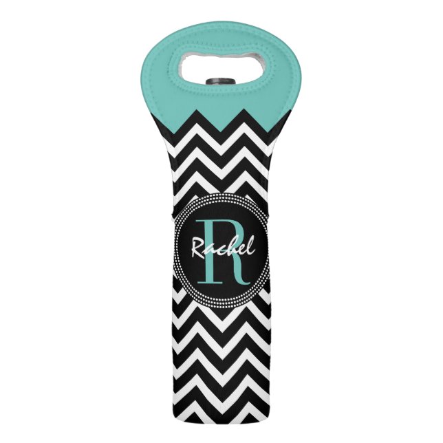 Aqua and Black Chevron Monogrammed Wine Bag (Front)