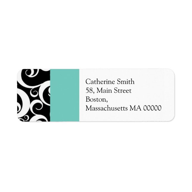 Aqua and Black Damask Swirls Address Labels (Front)