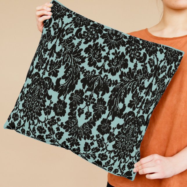 Aqua and Black Damask Throw Pillow (Creator Uploaded)