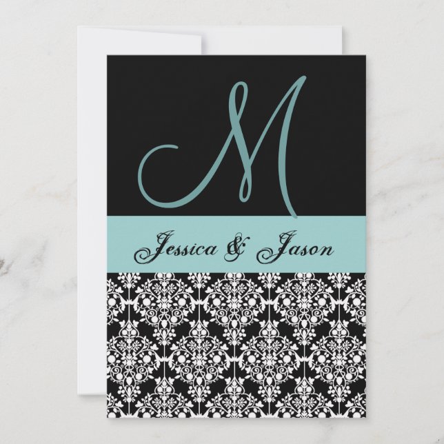 Aqua and Black Damask Wedding Monogram Template (Front)