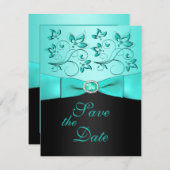Aqua and Black Floral II Save the Date Card (Front/Back)