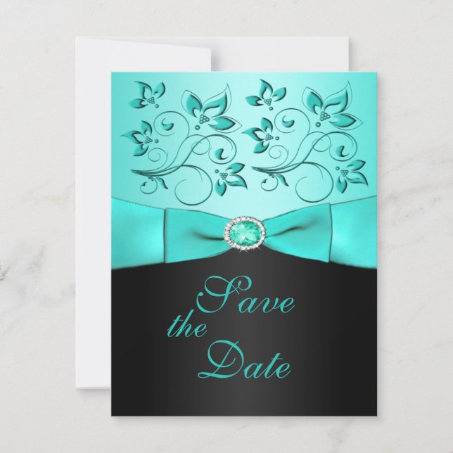 Aqua and Black Floral II Save the Date Card (Front)