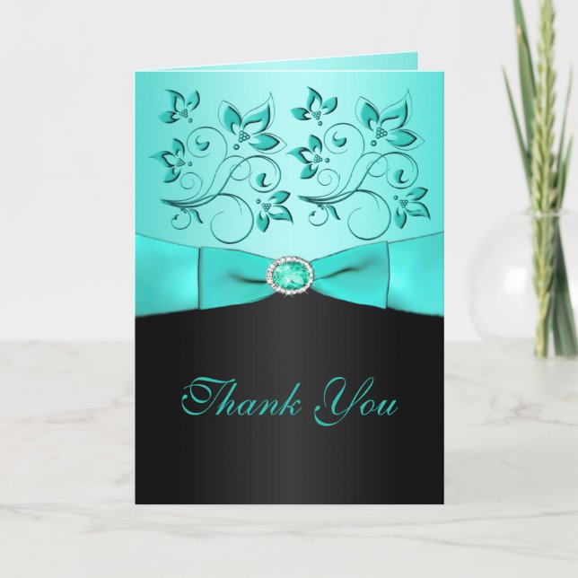 Aqua and Black Floral II Thank You Card (Front)