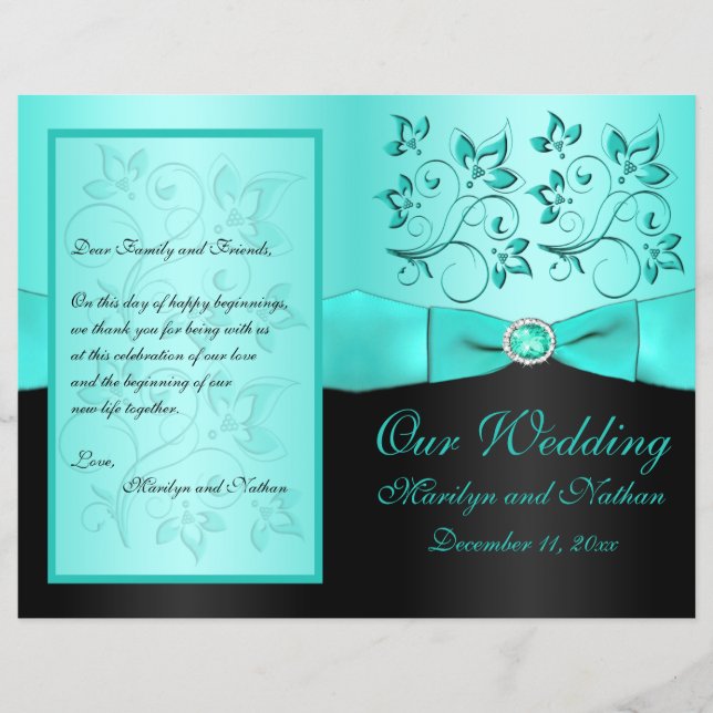 Aqua and Black Floral II Wedding Program (Front)