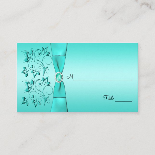 Aqua and Black Floral Placecards (Front)