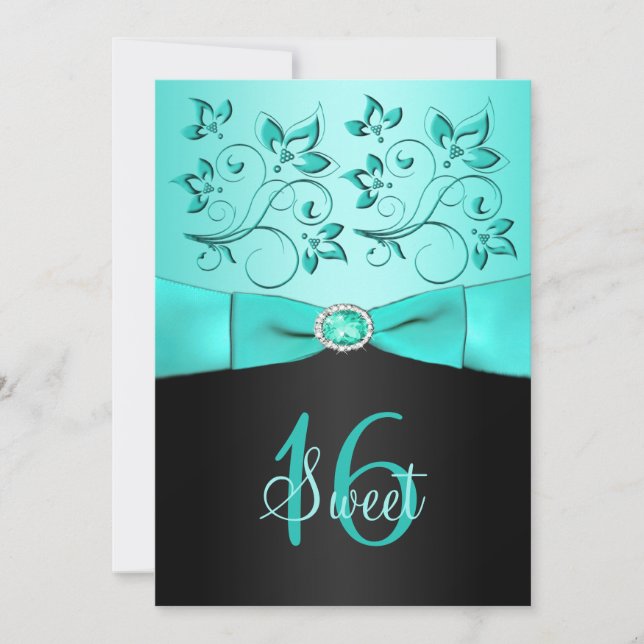 Aqua and Black Floral Sweet Sixteen Invitation (Front)