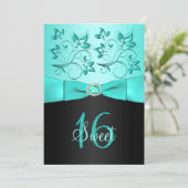 Aqua and Black Floral Sweet Sixteen Invitation (Standing Front)