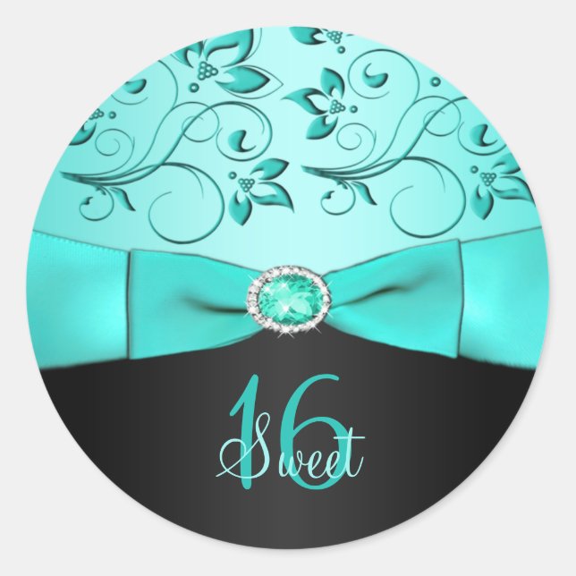 Aqua and Black Floral Sweet Sixteen Sticker (Front)