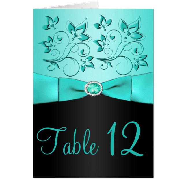 Aqua and Black Floral Table Number Card (Front)