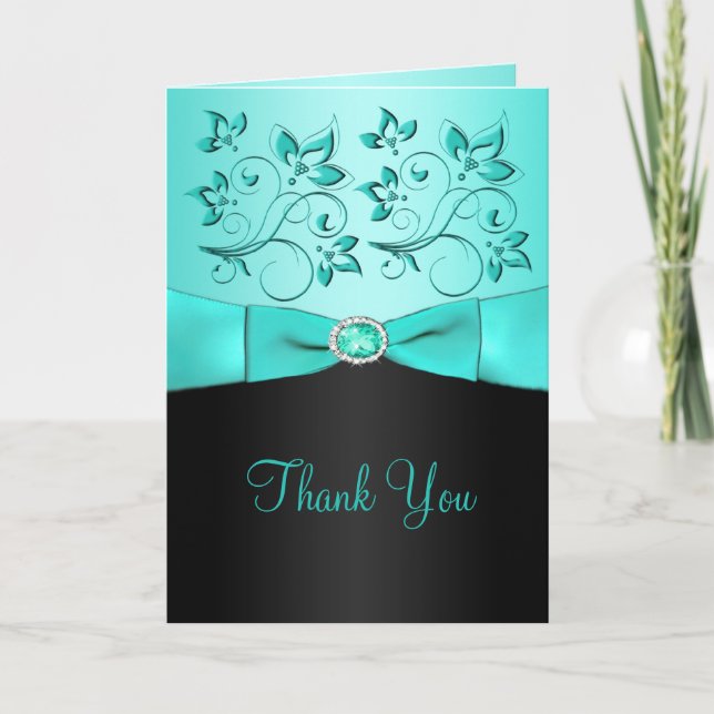 Aqua and Black Floral Thank You Card (Front)