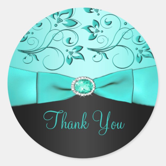 Aqua and Black Floral Thank You Sticker (Front)