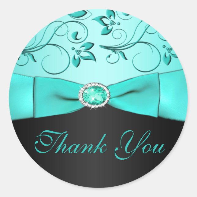 Aqua and Black Floral Thank You Wedding Sticker (Front)
