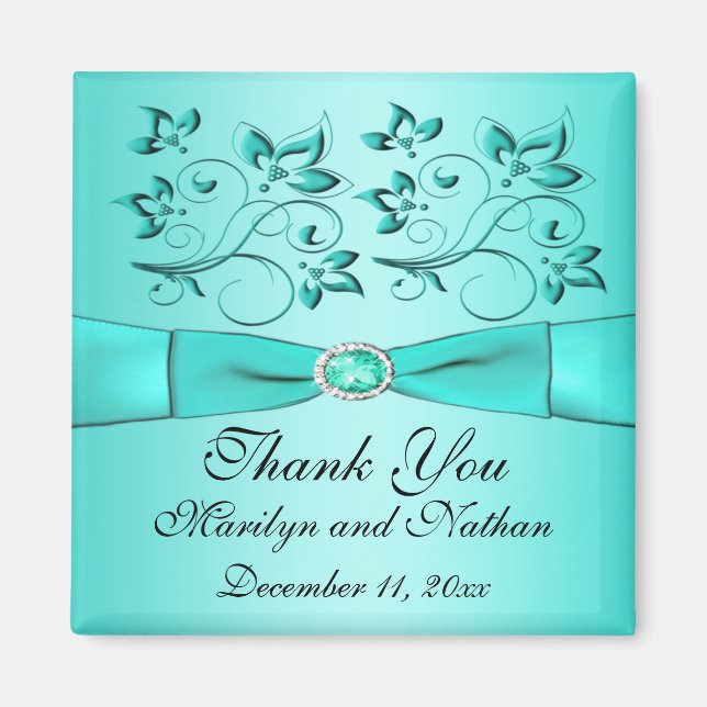 Aqua and Black Floral Wedding Favor Magnet (Front)