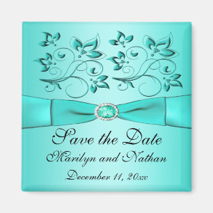 Aqua and Black Floral Wedding Favor Magnet