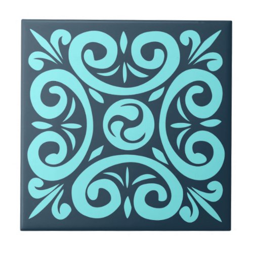 Aqua and Black on Blue Intricate Floral pattern Ceramic Tile