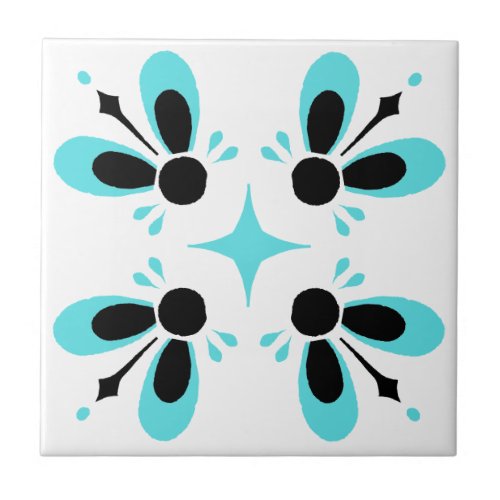 Aqua and Black on White Intricate Floral pattern Ceramic Tile