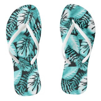 Aqua and Black Palm Leaf Flip Flops