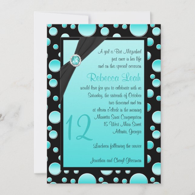 Aqua and Black Polka Dot Bat Mitzvah Invitation (Front)