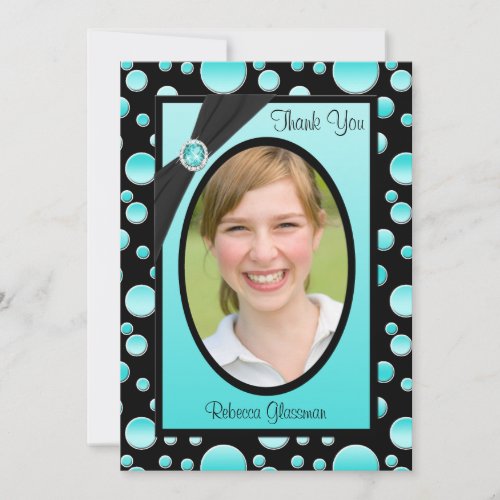 Aqua and Black Polka Dot Photo Thank You Card