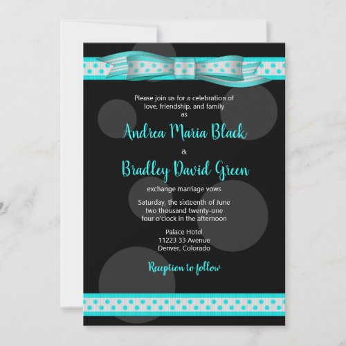 Aqua and Black Polka Dot Ribbon Wedding Invitation