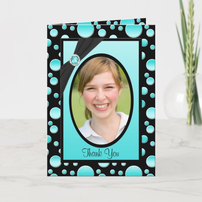 Aqua and Black Polka Dot Thank You Card with Photo (Front)