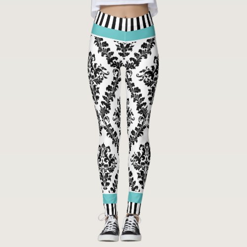 Aqua and black white damask pattern  stripes leggings