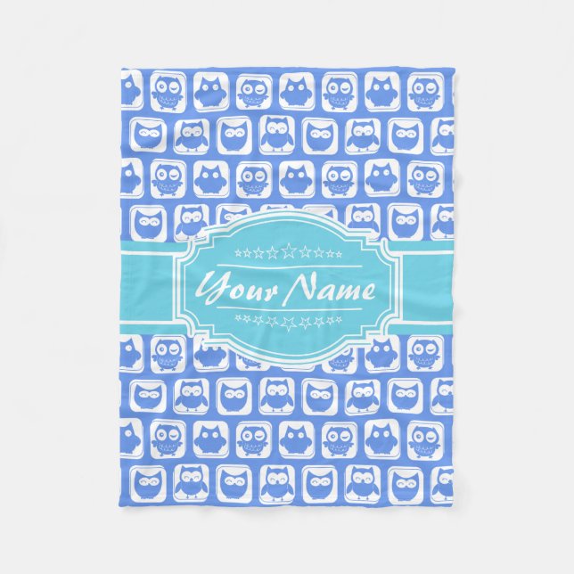Aqua and Blue Owl Gray Personalized Name Fleece Blanket (Front)