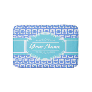 Aqua and Blue Owl Personalized Name Bathroom Mat
