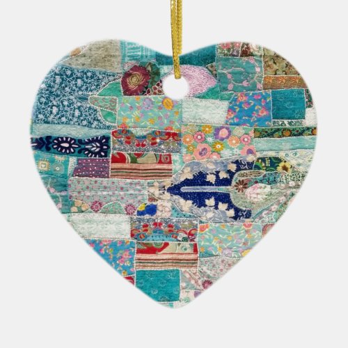 Aqua and Blue Quilt Tapestry Design Ceramic Ornament