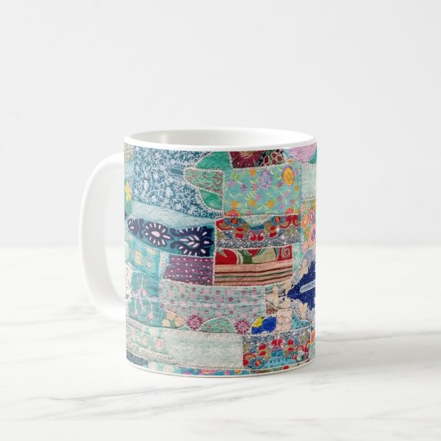 Aqua and Blue Quilt Tapestry Design Coffee Mug (Front Left)