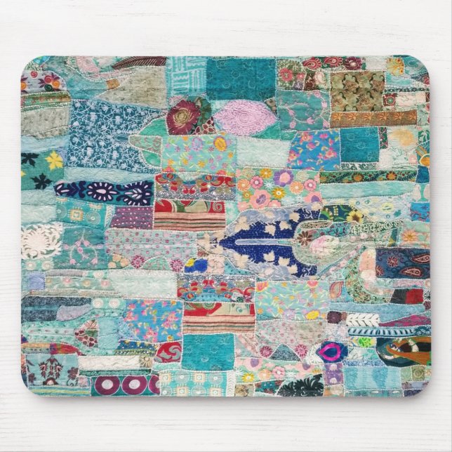 Aqua and Blue Quilt Tapestry Design Mouse Pad (Front)