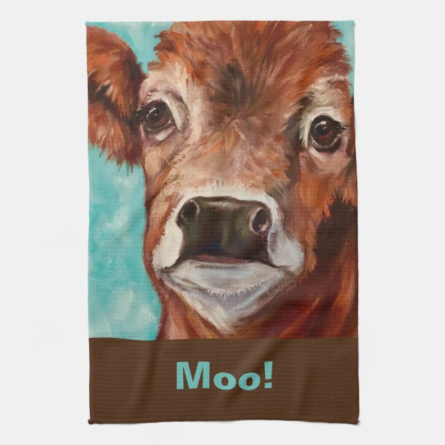 Aqua  and Brown Cow Kitchen Towel (Vertical)