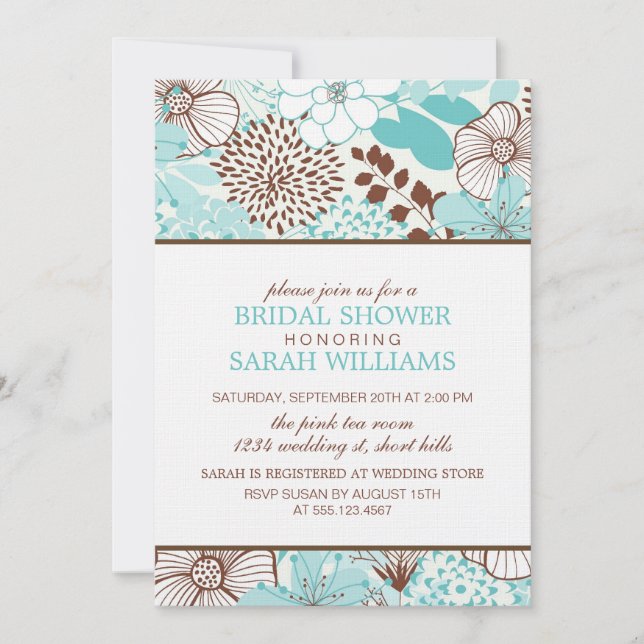 Aqua and Brown Floral Bridal Shower Invitation (Front)