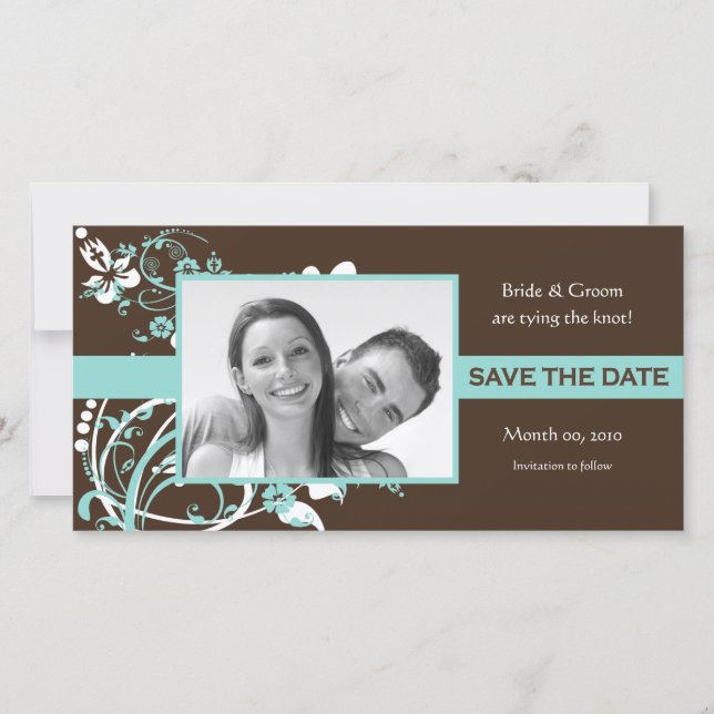 Aqua and Brown Floral Save the Date Photo Cards (Front)