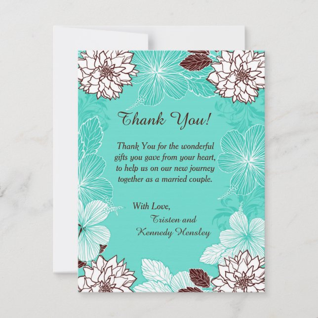 Aqua and Brown Flowers 4x5 Flat Thank You Card (Front)
