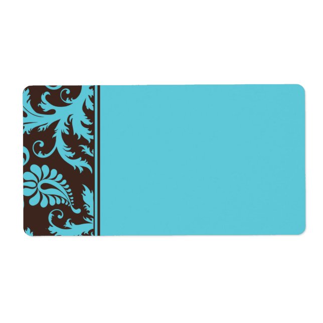Aqua and Brown Striped Damask Address Label (Front)