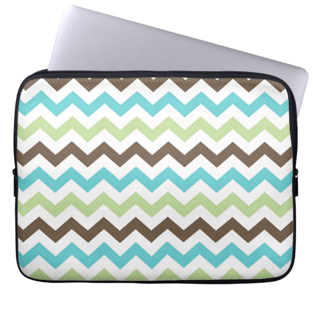 Aqua and Brown Zig Zag Chevrons Pattern Laptop Sleeve (Front)