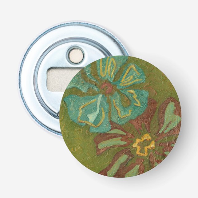 Aqua and Burnt Orange Flowers on Green Background Bottle Opener (Front)