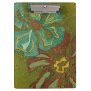 Aqua and Burnt Orange Flowers on Green Background Clipboard