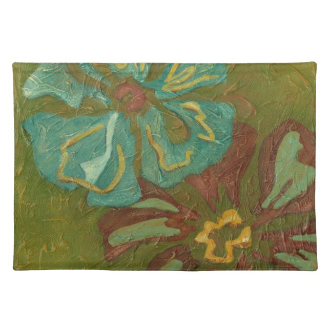 Aqua and Burnt Orange Flowers on Green Background Cloth Placemat (Front)