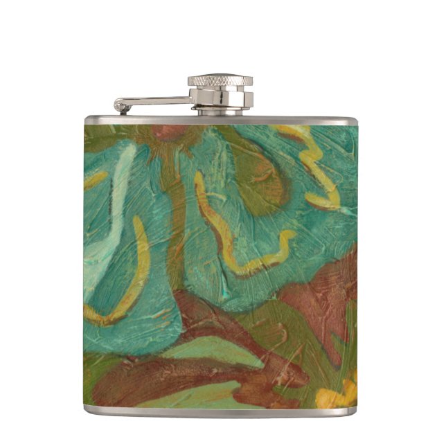 Aqua and Burnt Orange Flowers on Green Background Flask (Front)