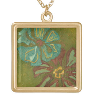 Aqua and Burnt Orange Flowers on Green Background Gold Plated Necklace