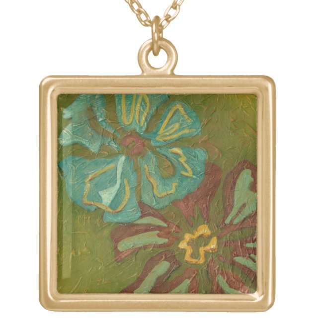 Aqua and Burnt Orange Flowers on Green Background Gold Plated Necklace (Front)